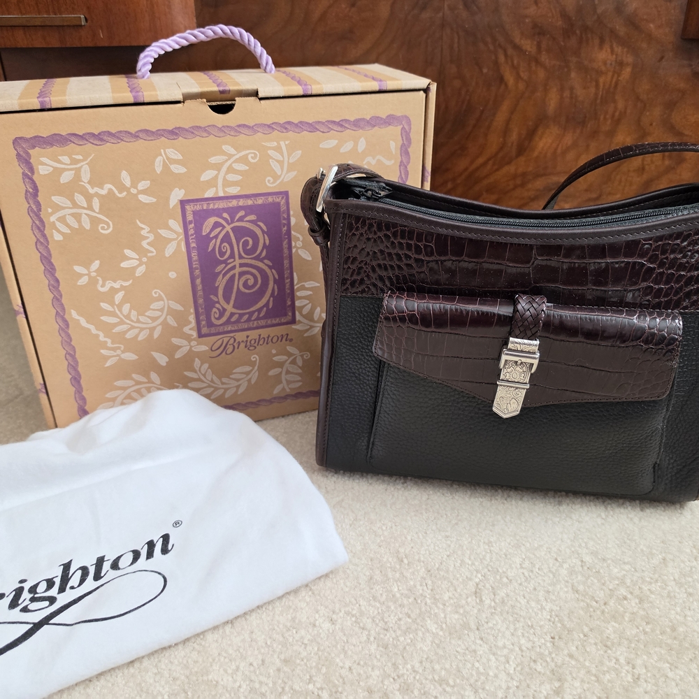 Brighton Black and Dark Brown Croc-Embossed Leather Frame Shoulder Bag Purse